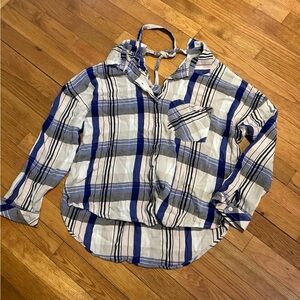 Blue plaid, medium button up‎ long sleeve shirt; Sanctuary